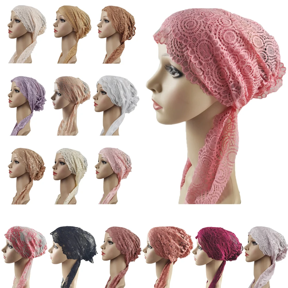 Inner Hijab Cabeça Cachecol para Mulheres Muçulmanas, Lace Underscarf, Hijab, Amarre Voltar Gorros, Perda de Cabelo Gorros, Bonnet osso, Ninja Hat, Chemo Cap, Turbante