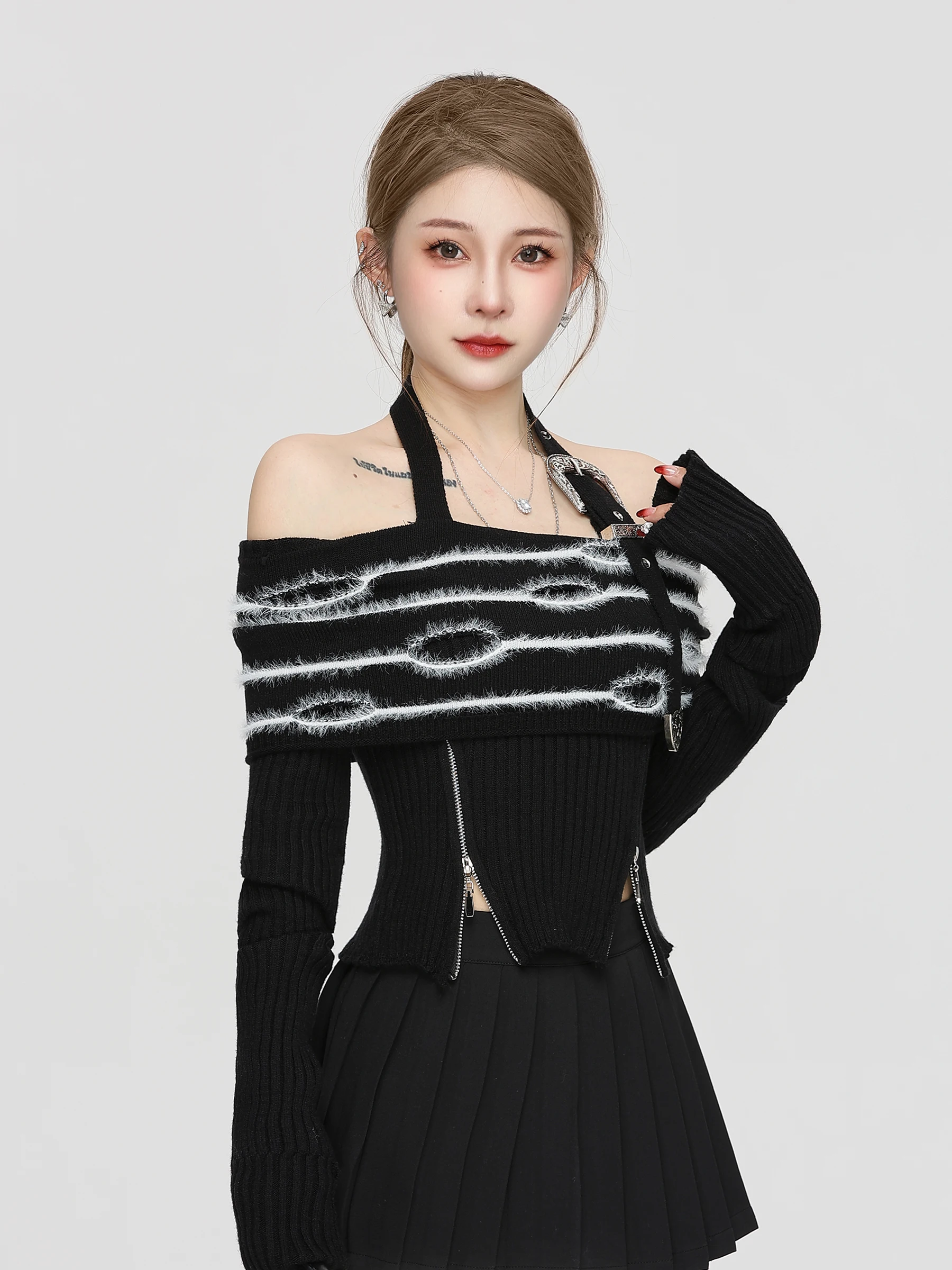 

Slim Fit Long Sve oulder Bared Knitted Sweater for Women Retro Ne Hanging One Word oulder Spring Autumn Slimming Effect