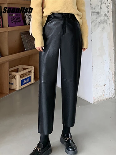 Imagen 2 del producto Seoulish-pantalones de pierna ancha de piel sintética para mujer, pantalón informal, holgado hasta el tobillo, cintura alta, otoño e invierno, 2023