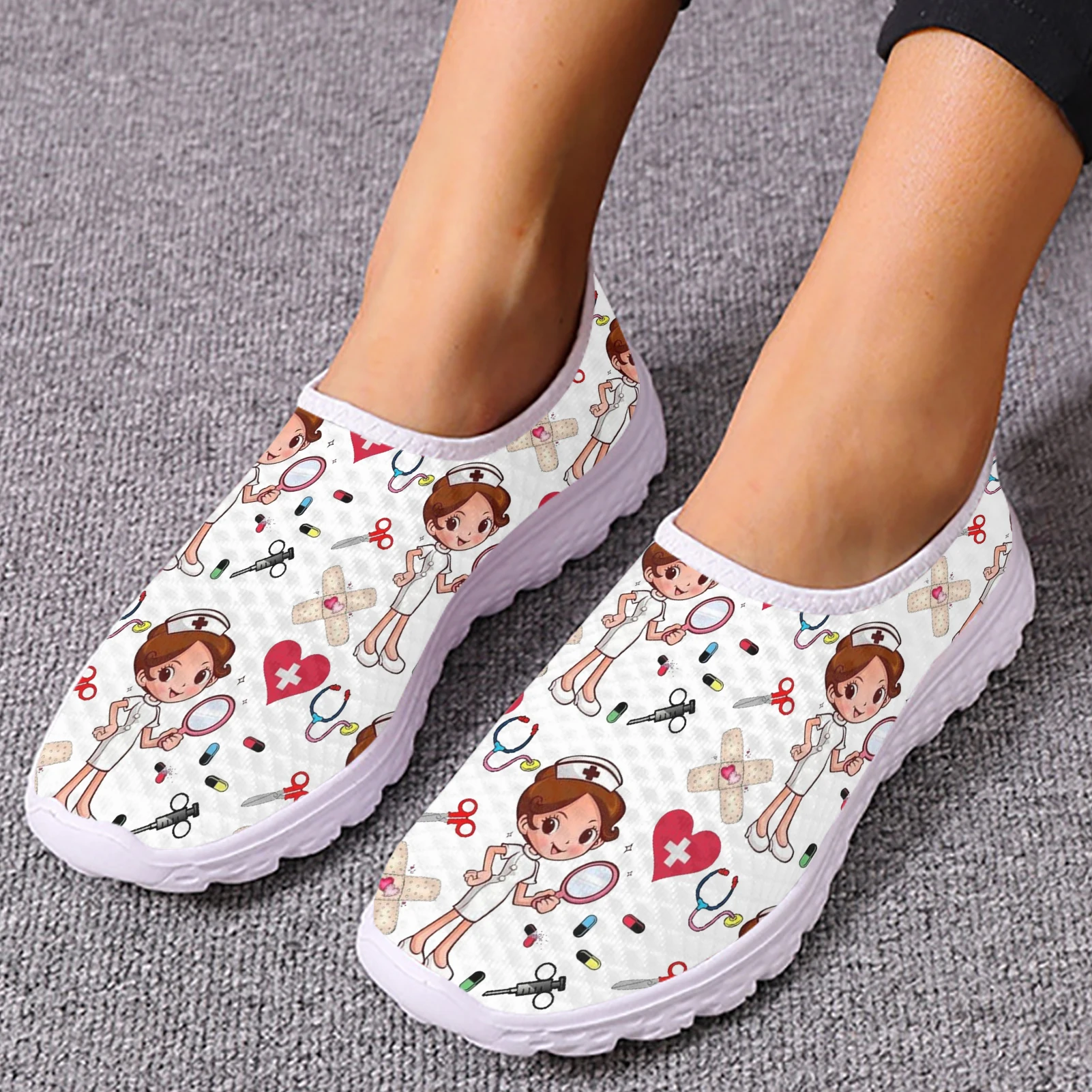 INSTANTARTS White Flats Women Nurse Cute Cartoon Nurse Women Sneakers Comfortable Breathable Loafers Casual Mesh Walking Shoes