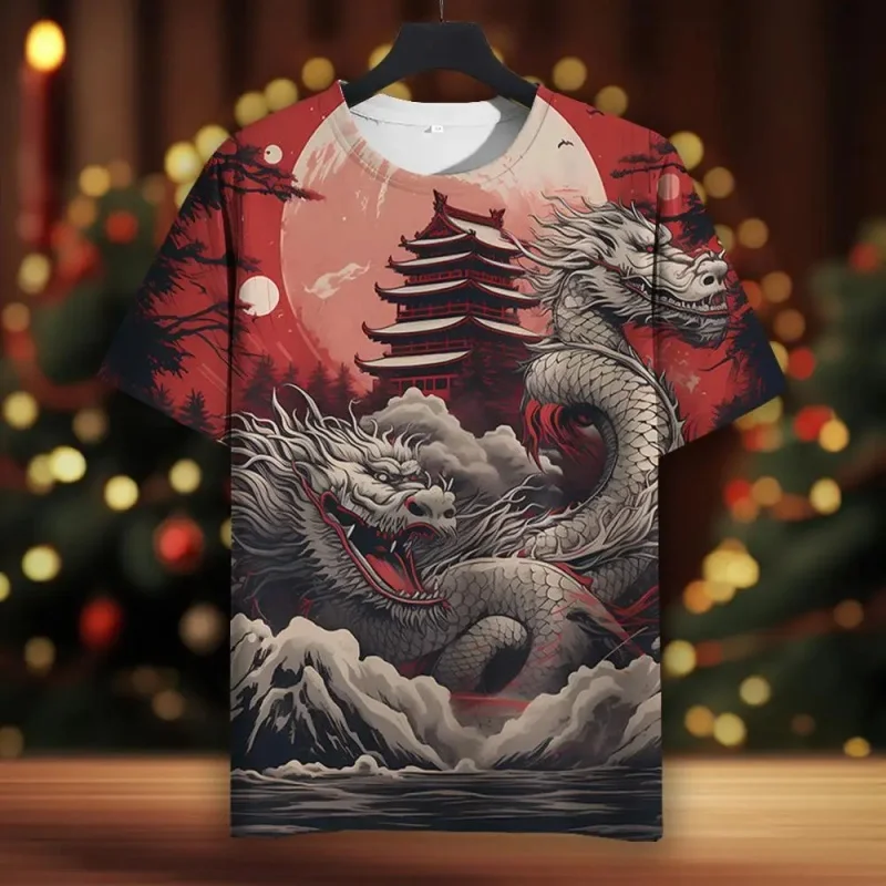 

Retro Dragon Graphic T-Shirt For Men Chinese Loong 3D Print Tees Summer Fashion Round Neck Tops Oversized Short Sleeve T Shirts