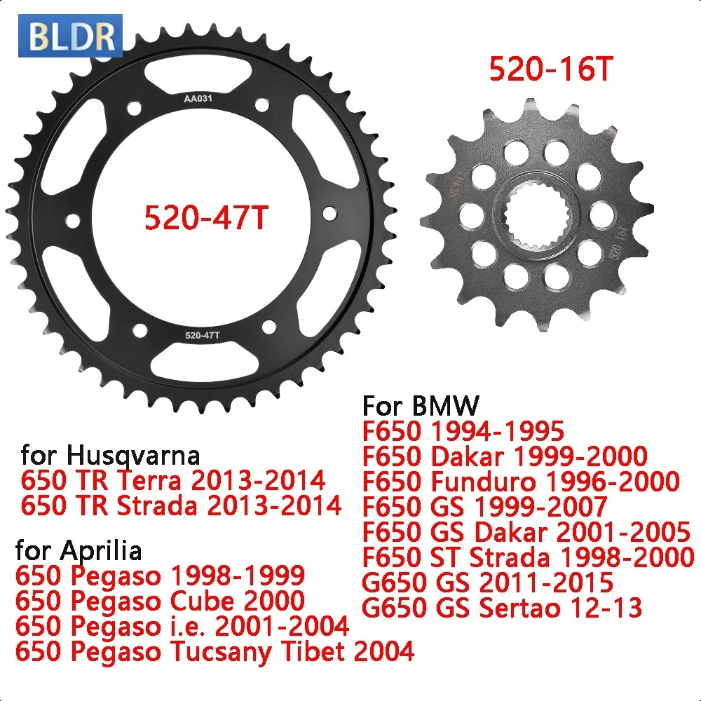 

520-16T 47T Front Rear Sprockets for Husqvarna 650 TR Terra For Aprilia 650 Pegaso For BMW F650 F650 Da/kar G650 GS
