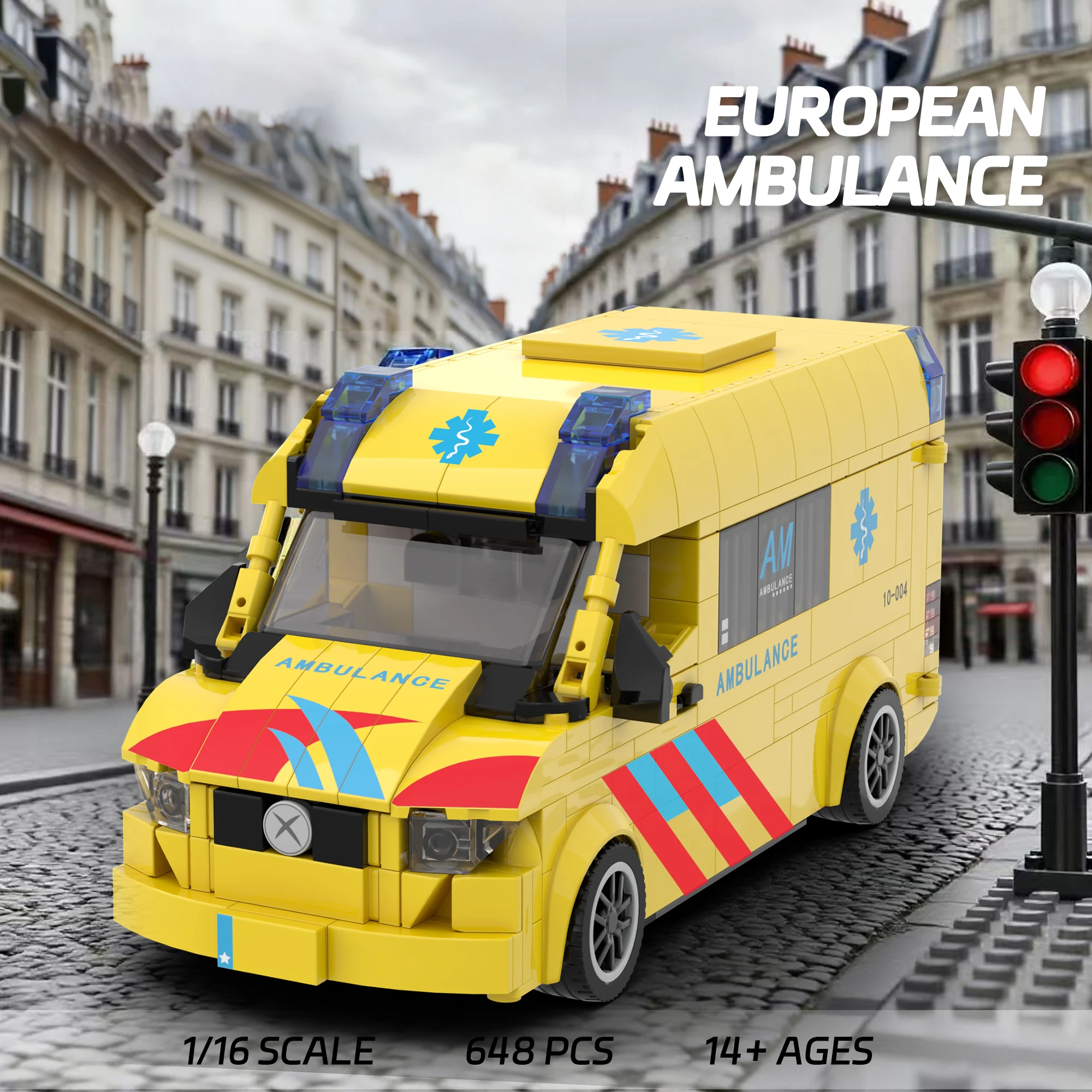 

European ambulance building blocks toys car model, realistic car model assembly toy, children's toy car holiday gift.