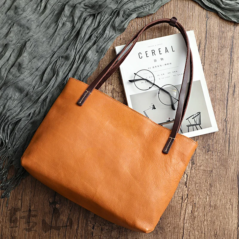 Leather vegetable tanned leather women's bag retro oil wax soft first layer simple portable tote bag