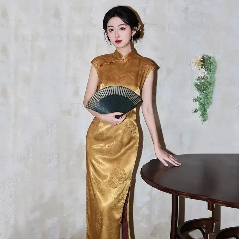 

Traditional Chinese Dress Qipao Oriental Costume Sexy Sleeveless Chinese Dress Lady Long Cheongsam Elegant Jacquard Vestidos 3XL