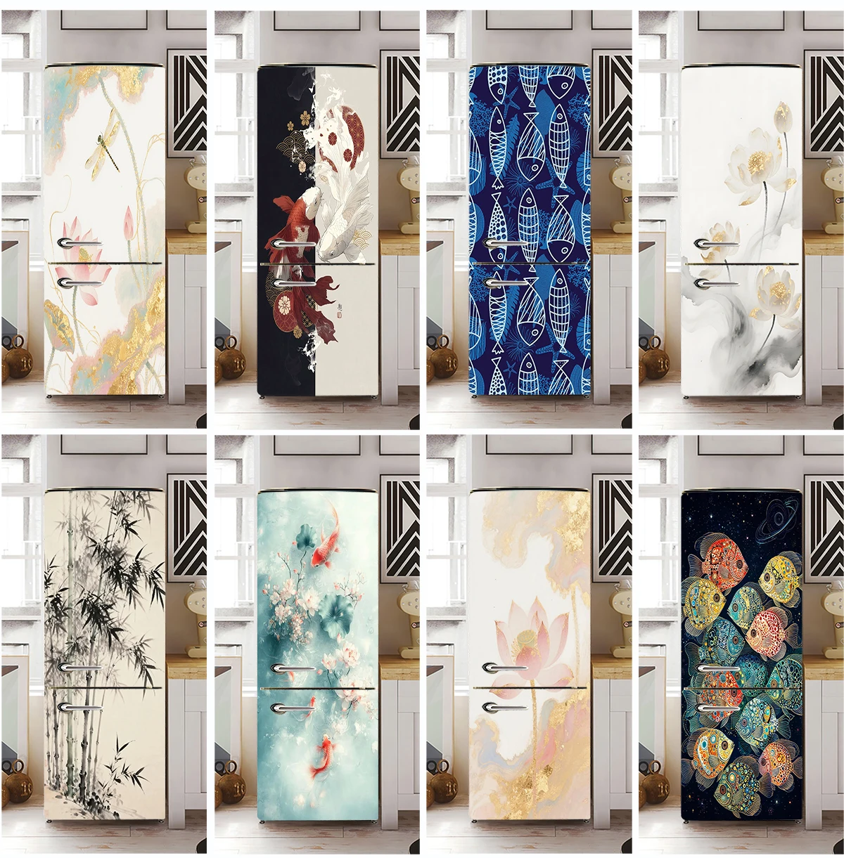 Koi Fish Lotus Fridge Sticker Waterproof Self-adhesive Peel and Stick Refrigerator Cover Decal Home Wall Art Modern Kitchen Deco