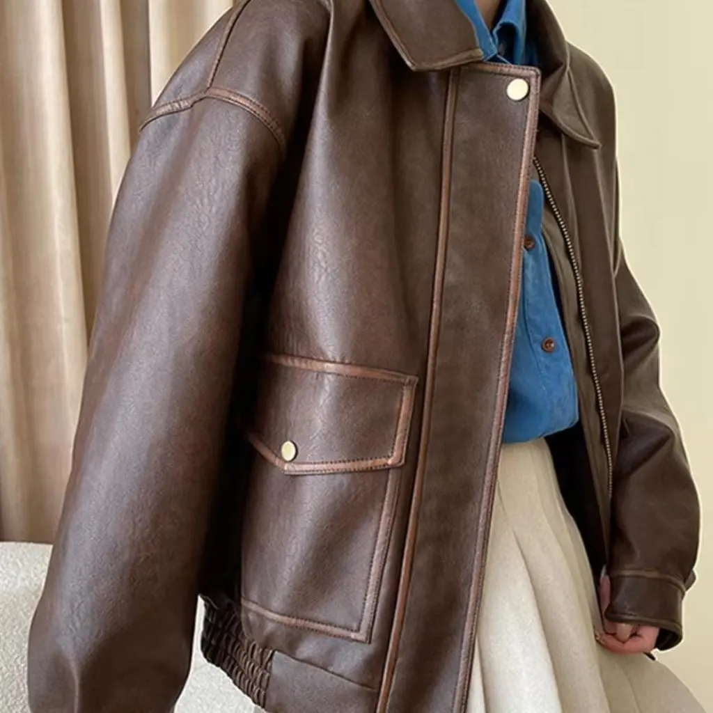 

American Style Retro Cool Leather Jacket Women's Autumn Winter New Fashion Motorcycle Clothes A Style Suave Outerwear