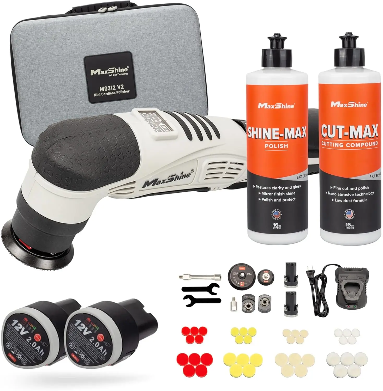 3 Pieces Professional Mini Cordless Polisher with Cutting & Polish Compound Kit (M0312 V2) - Lightweight (1.93 lbs), 6-Speed, DA