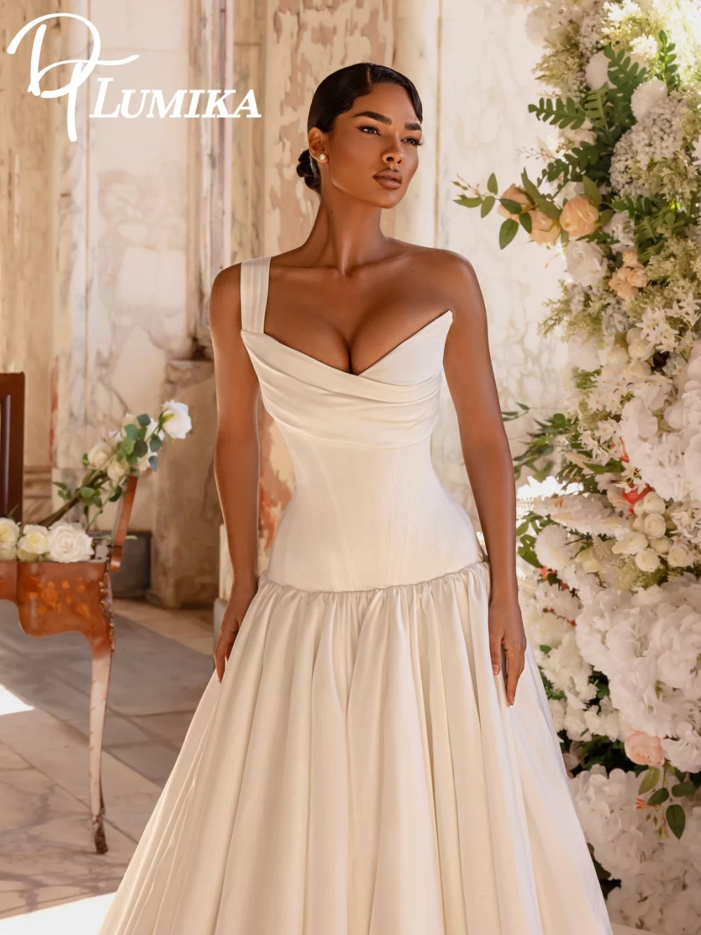 

Vintage Satin One Shoulder Wedding Dress 2026 Ornate Ruched Bodice Ball Gown Bridal Gown Floor-Length Bridal Dress robe de mari