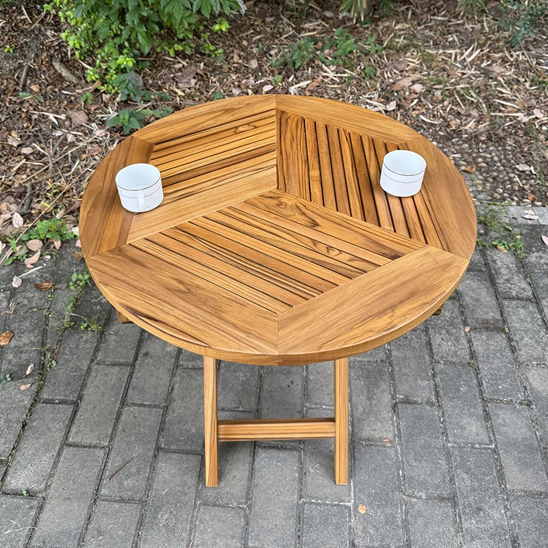 طاولة طعام خارجية لشخصين على الطراز الصيني القديم ساحة حديقة صالة خشب الساج طاولة غداء أثاث فناء دائري مقاوم