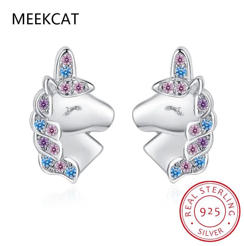 Silver Sharp Horned Horse Rainbow Colorful Zircon Unicorn Stud Earrings 925 Sterling Silver for Women Jewelry BSE496