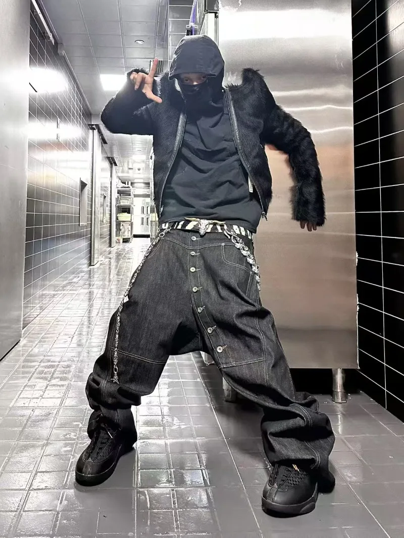 

Хип-хоп уличная мода диагональные темные мужские джинсы модные камуфляжные лоскутные джинсы с высокой талией повседневные свободные брюки