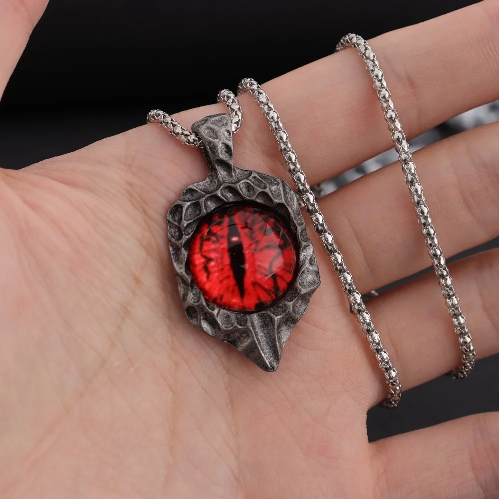 Hip-Hop New Trendy Red Eye Stone Inlaid Pendant Necklace Eye of The Devil Pendant Men\'s Character Retro Devil Eye Pendant Chain