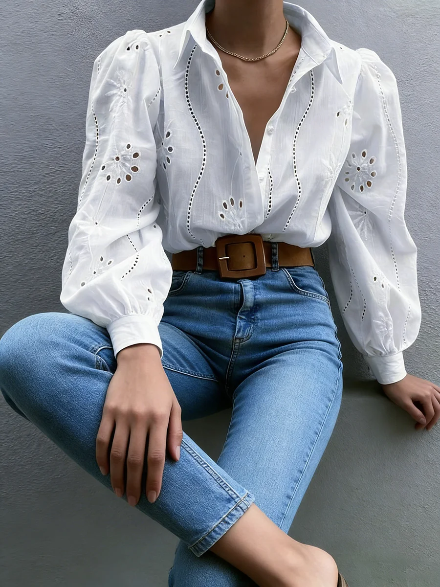 

Женская блузка весна-лето, белая, с вышивкой, пышными длинными рукавами, на День святого Валентина, элегантная, романтичная, повседневная, для отпуска