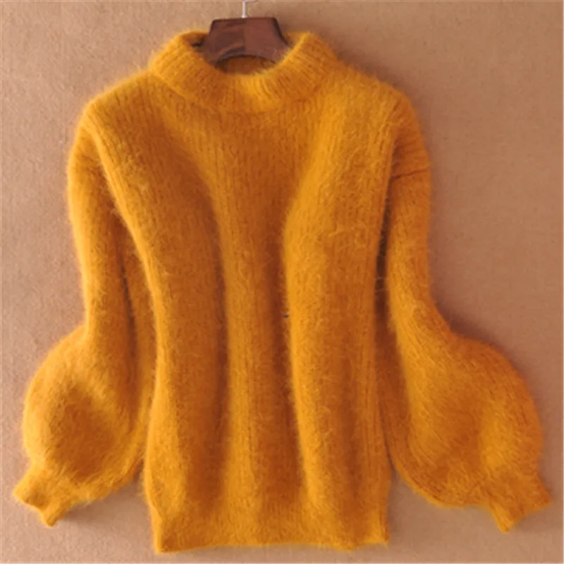 2023 Mohair Thicken Turtleneck Sweater Autumn Winter Sweet Fashion Lantern Sleeve Casual Solid Color Pullover pull femme