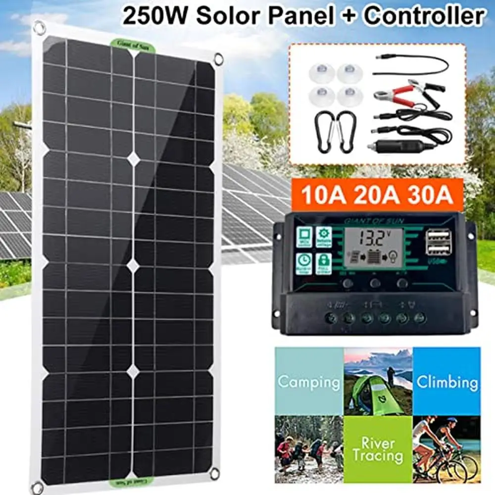 250W Monocrystalline Solar Panel Starter Kit 12/24V w/ Controller USB Waterproof Battery Kit Dual Ports RV Boat Home Off Grid