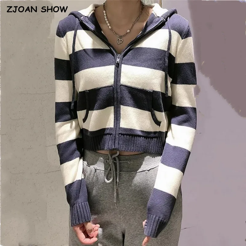 

Harajuku Women Striped Knit Hoodie With Zipper Fastening Preppy Style Hooded Cardigan