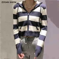 Harajuku Women Striped Knit Hoodie With Zipper Fastening Preppy Style Hooded Cardigan