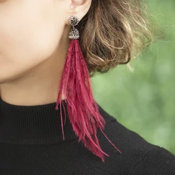 LFPU Vintage Long Feather Earrings Bohemain Pearl Drop Dangle Earrings For Women Girl Jewelry