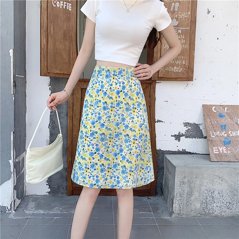 Retro Floral Print High Waist Slimming Mini Skirt for Women Spring Summer Fashion Fresh Blue Yellow Patterned Wrap around Skirt