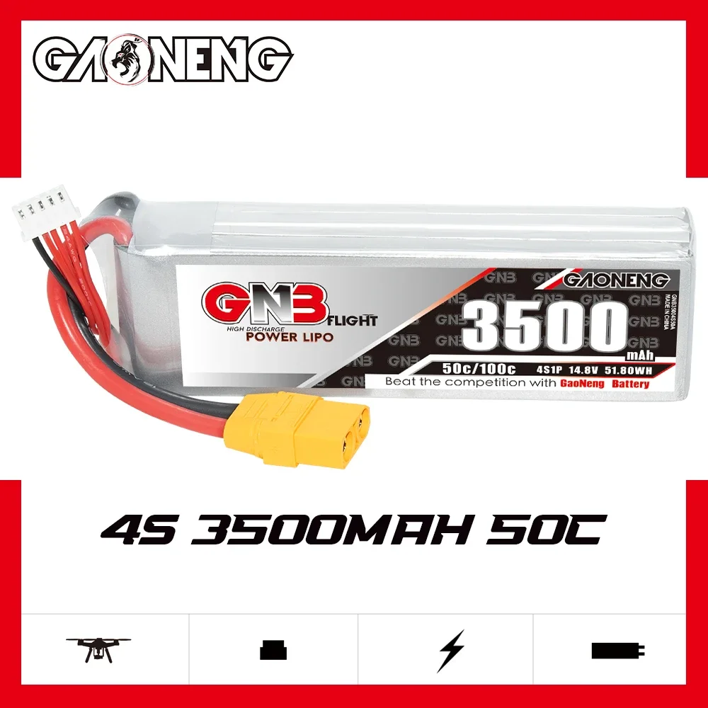 GAONENG GNB 3500mAh 4S 50C 100C 14.8V XT90 LiPo Battery 1/10 Scale RC Hobby Models 300mm to 360mm 7 inches FPV Drone RC Boat