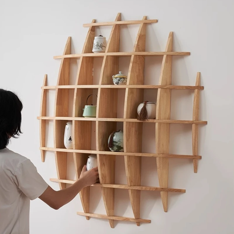 Chinese Style Wall Shelf Solid Wood Display Cabinet for Tea Sets Round Floating Curio Shelf Handcrafted Cup Holder Wall Decor - Image 2