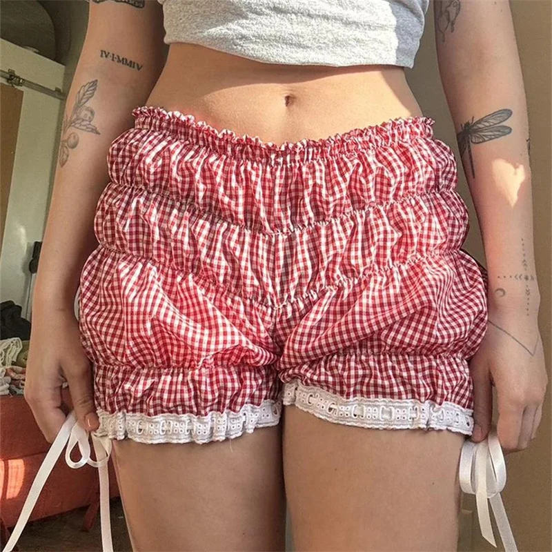 Y2K Vintage Lace Trim Tie Up Pants Plaid Bloomers Fairy Grunge Ruched Elastic Shorts 2000s Retro Knickers Bottom Women Outfits