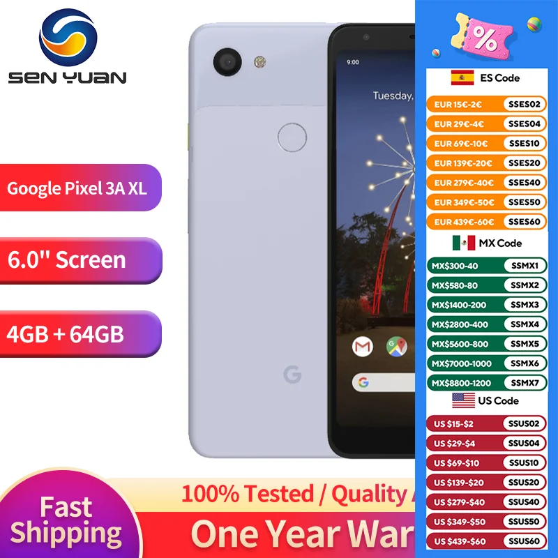 

Original Google Pixel 3a XL 3AXL 4G Mobile Phone 6.0" 4GB RAM 64GB ROM 12.2MP NFC Fingerprint Snapdragon Octa Core Smartphone