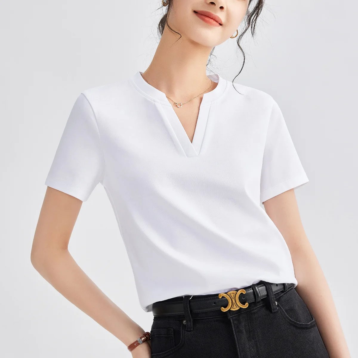 Double Faced Mercerized Cotton T Shirt Women Summer Fitted V Neck Solid Color Short Sleeve Top Elegant Commute