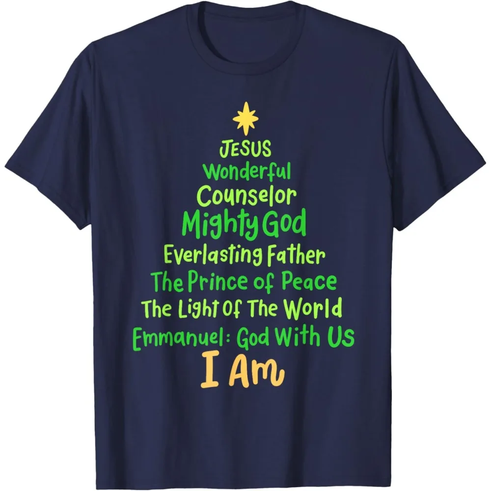 Christian Christmas Jesus Bible Names Xmas Tree Shaped T-Shirt High Quality Cotton Tops Streetwear Men Sweatshirt Short-sleeve