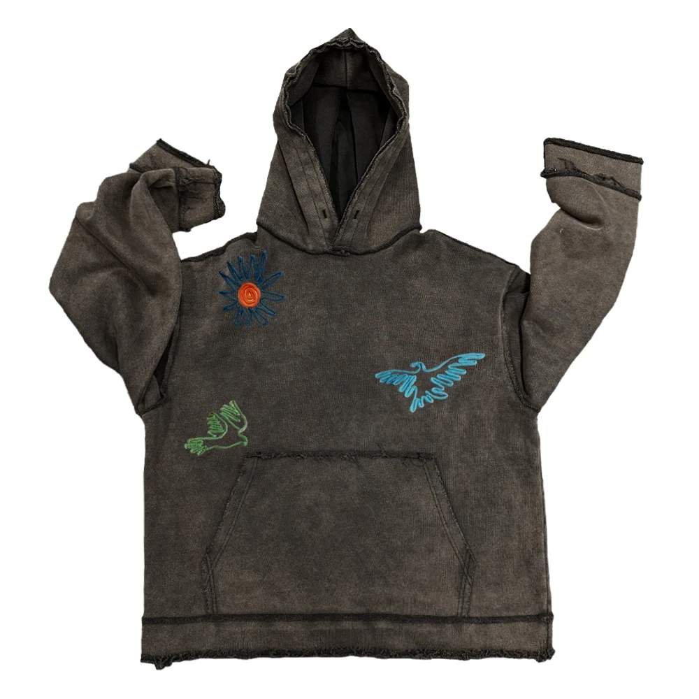 Heavyweight 450G Washed American Version Cartoon Retro Patchwork Couple's Hoodie Large Size Distressed Pocket Square