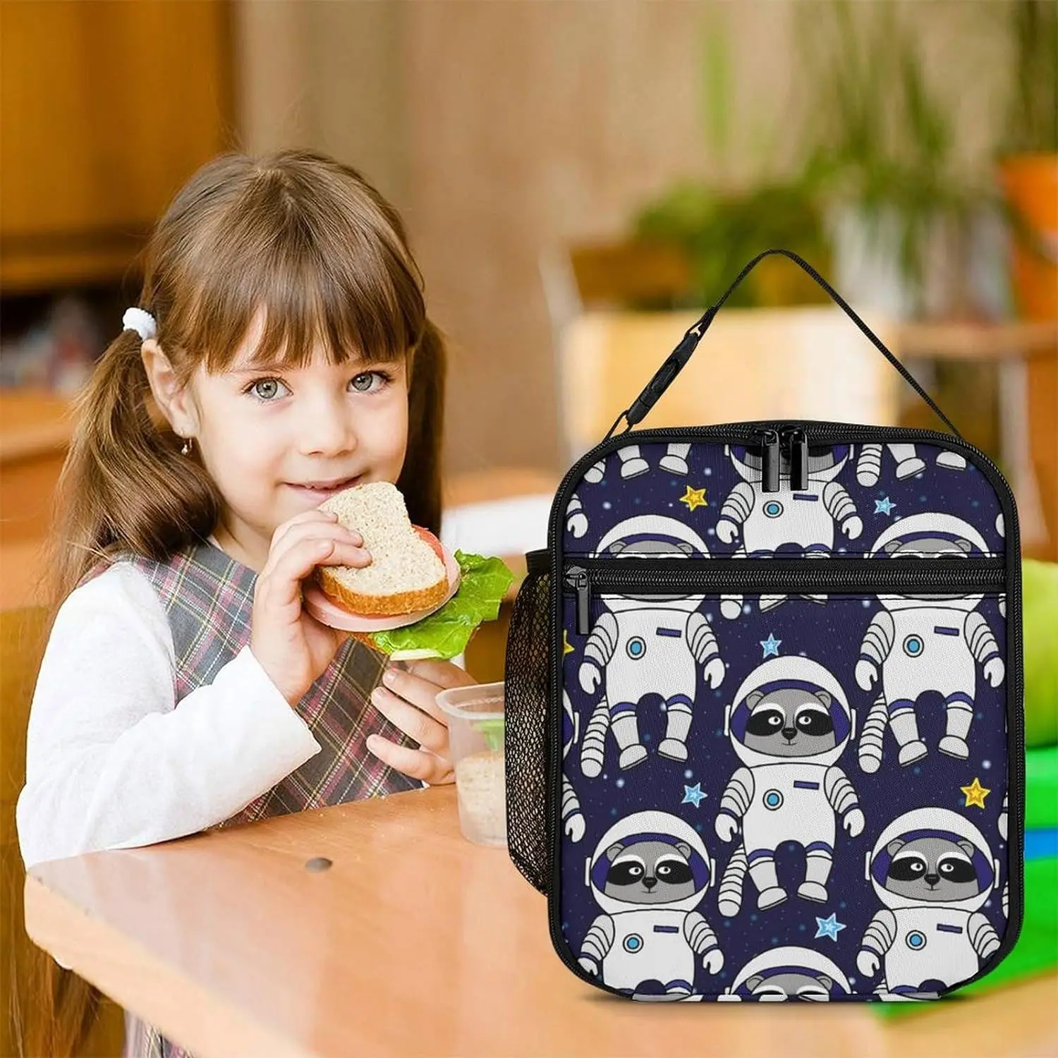 Funny Cartoon Space Raccoon Astronaut Lunch Bag Insulated Portable Reusable Lunch Box, Large Capacity Tote Bag with