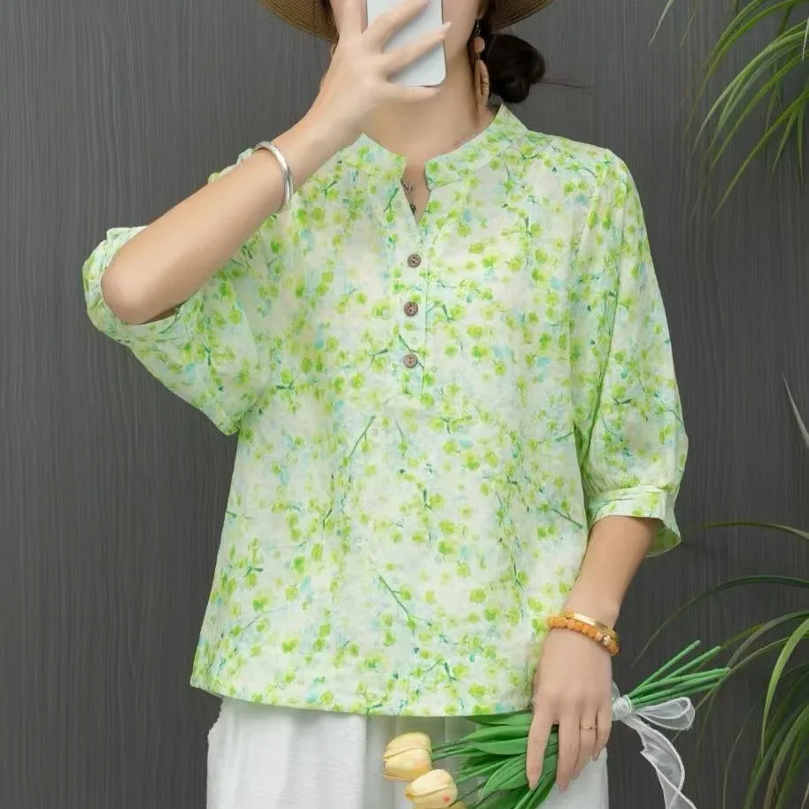 New Cotton and Linen Floral Short-Sleeved Women's Top, Ramie Artistic and Retro Loose Shirt