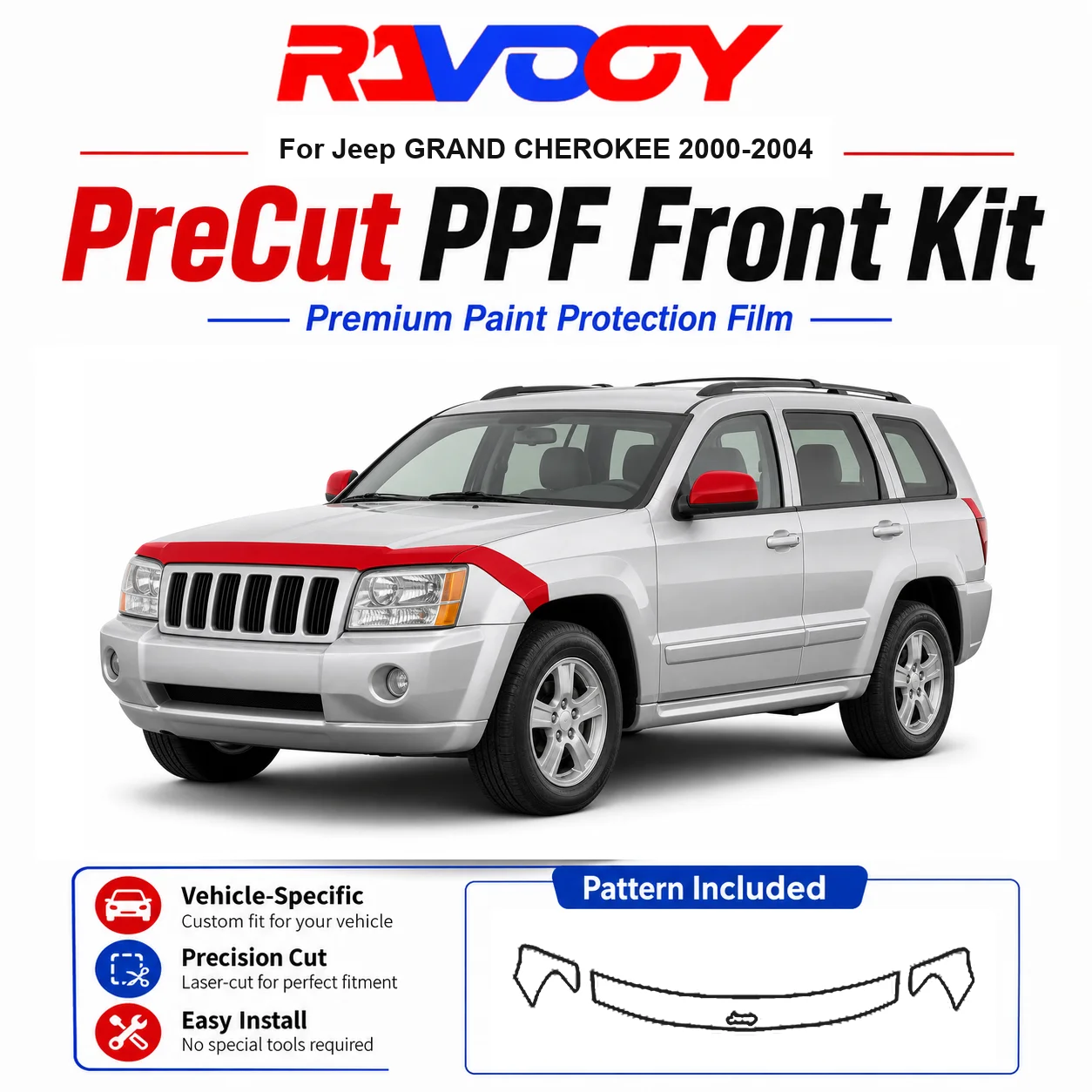 

8.5mil TPU Precut PPF Kit For Jeep GRAND CHEROKEE 2000-2004 - Hood, Fenders & Mirror Set - Self-Healing Clear Bra Film