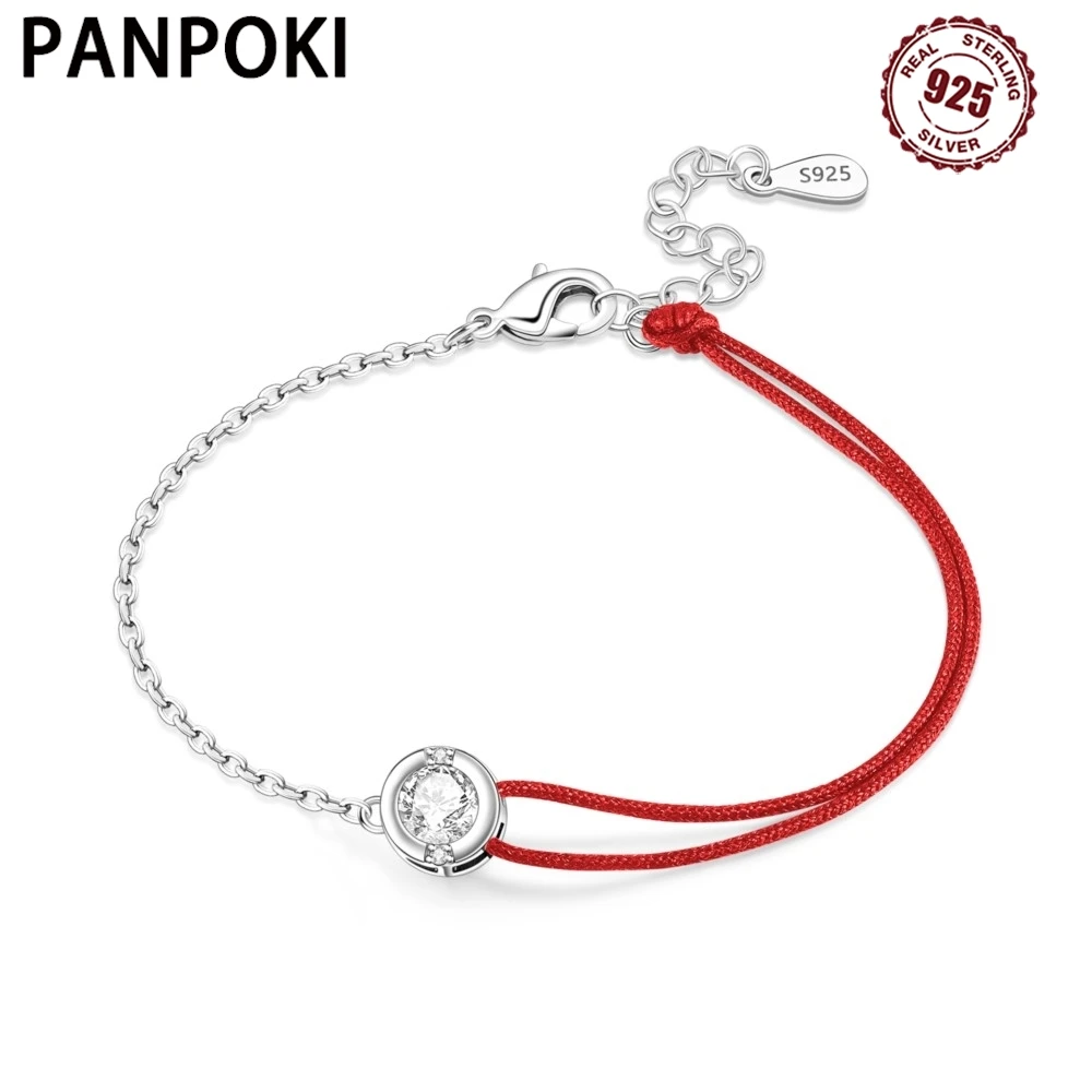 

PANPOKI New 925 Sterling Silver Asymmetric Red Rope Zircon Bracelet Chain Link Women Bracelet Birthday Trend Jewelry Fine Gifts