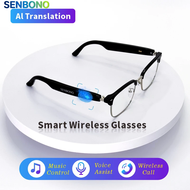 

Умные очки SENBONO, очки для перевода искусственного интеллекта, 100 языков, перевод в реальном времени, Bluetooth, музыка, встроенный микрофон и динамики
