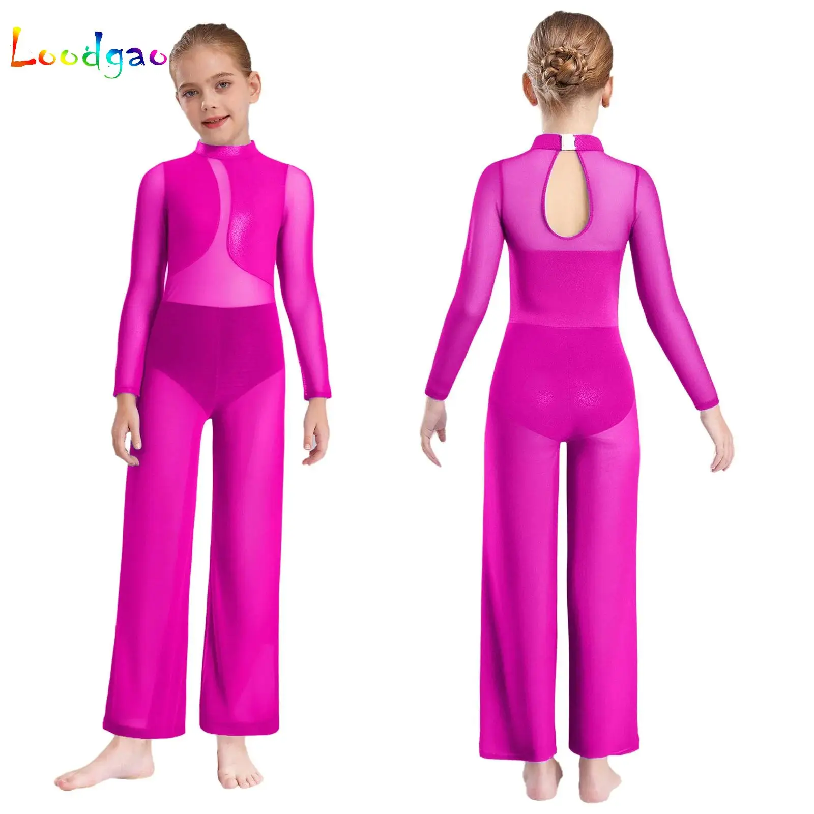 

Girls Rhythmic Gymnastics Full Body Leotard Figure Skating Jumpsuit for Ballet Dance Romper Practice Wide-Leg Pants Bodysuit
