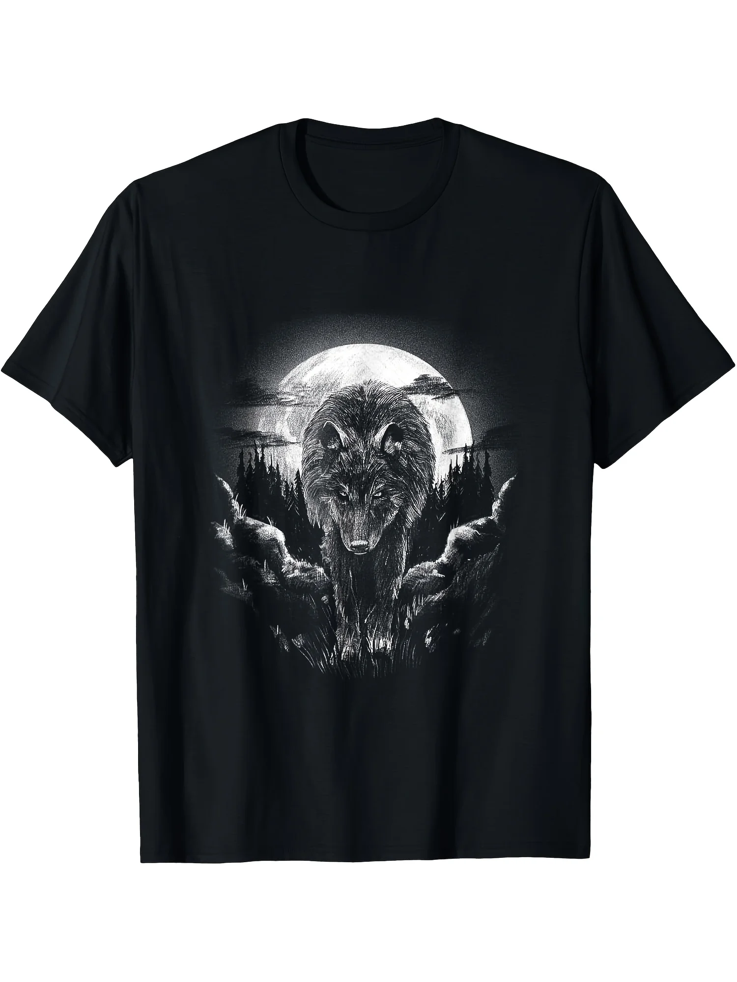 2026 Men's Black Wolf Howling Moon & Forest Graphic T-Shirt - 100% Cotton Crew Neck Short Sleeve, Regular Fit Casual Outdoor Tee
