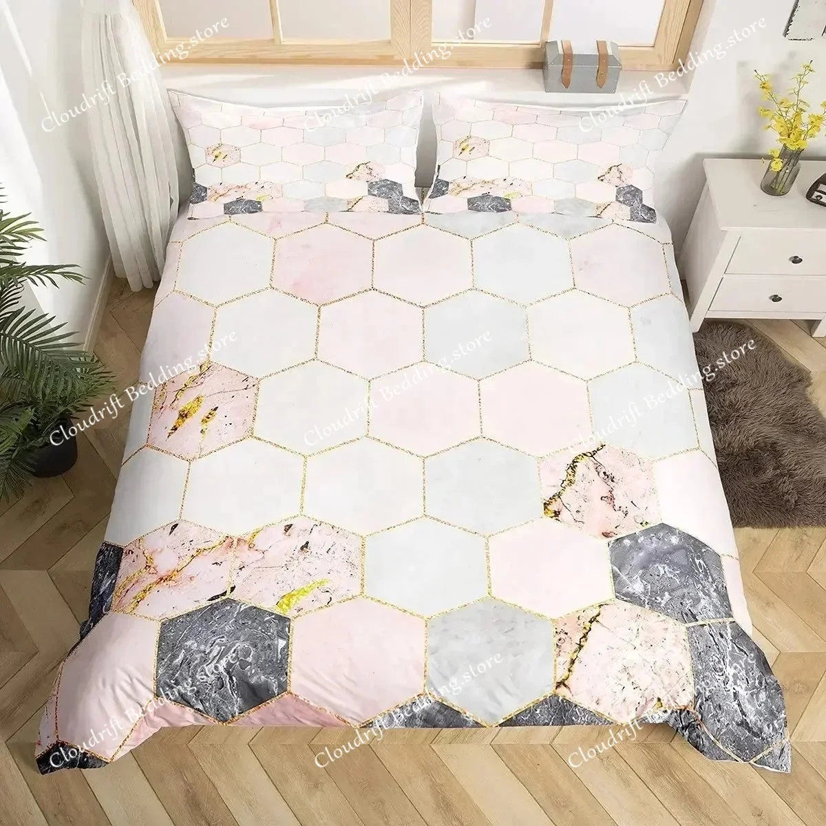 3D Honeycomb Duvet Cover Set Queen Size Geometry Hexagon Theme with Neon Lights Chic Comforter Bedding Set for Boys Teen Man
