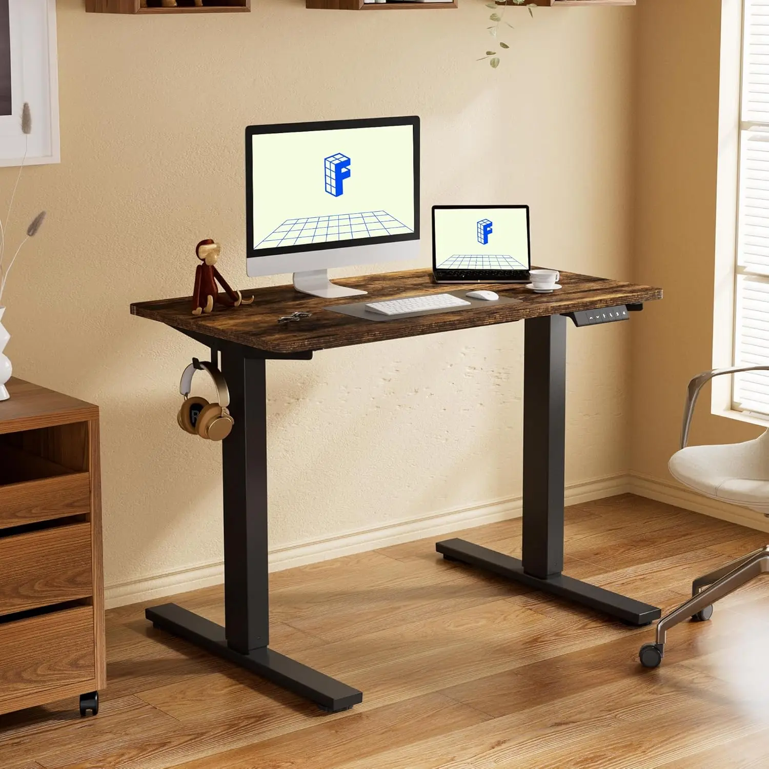 FLEXISPOT Adjustable 48x30 Electric Standing Sit Stand Desk Whole-Piece Desk Board Home Office Black Frame + Rustic Top