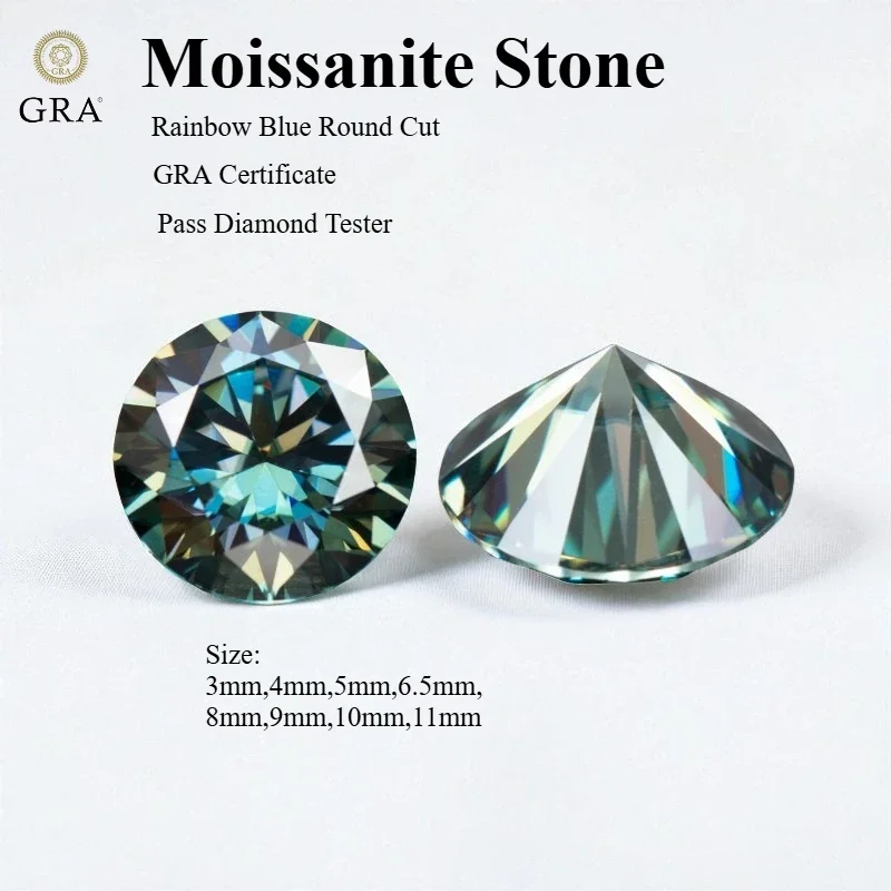 

Moissanite Stone Round Cut Rainbow Blue Loose Gemstone For Jewelry Making With GRA Certificate Pass Diamond Tester