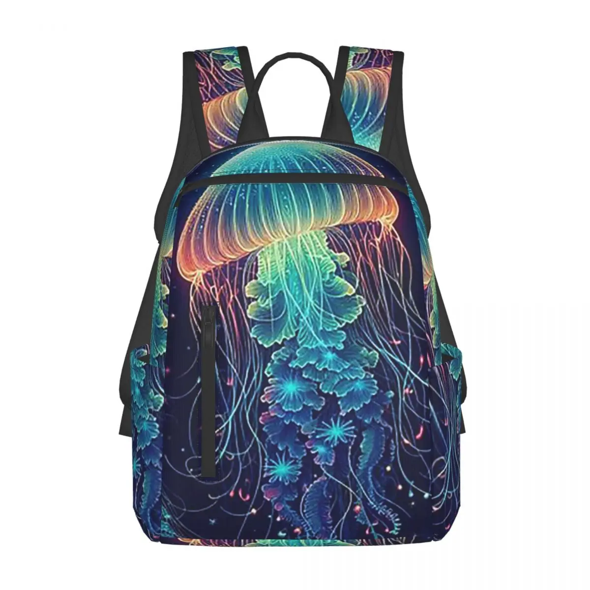 

Luminescent Rainbow Jellyfish On Navy Blue Backpack Daypack Large Capacity BookBag School Bag Shoulder Bags for Men Women