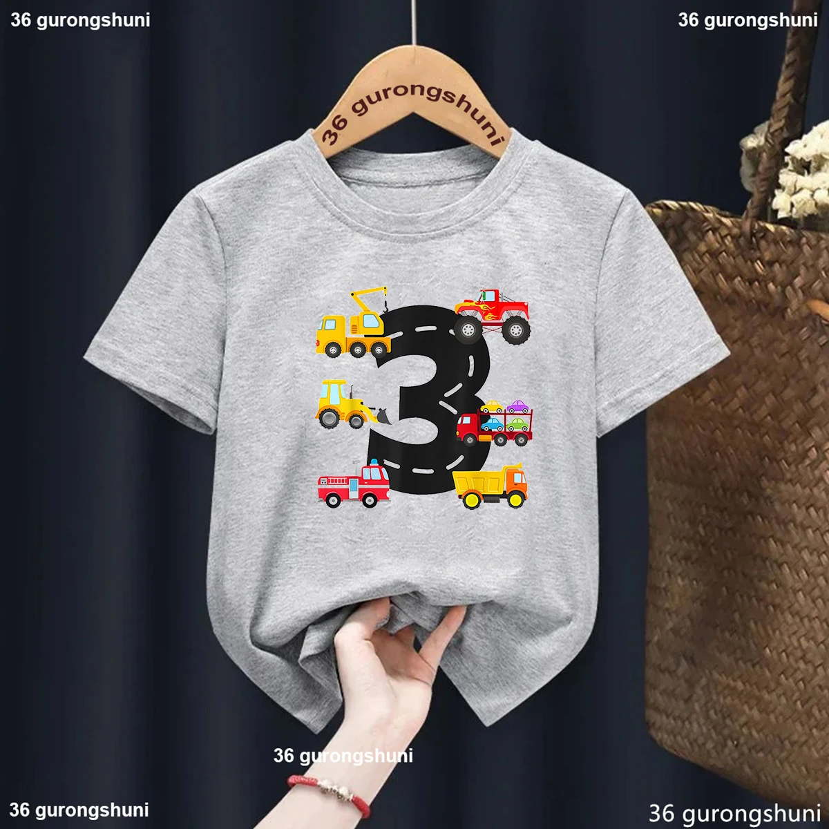 Kids Clothes  3th Birthday Gift For Girls/Boys Tshirt Digging Machine Tractor Car Print T Shirt White /Blue/Yellow/Gray T-Shirt