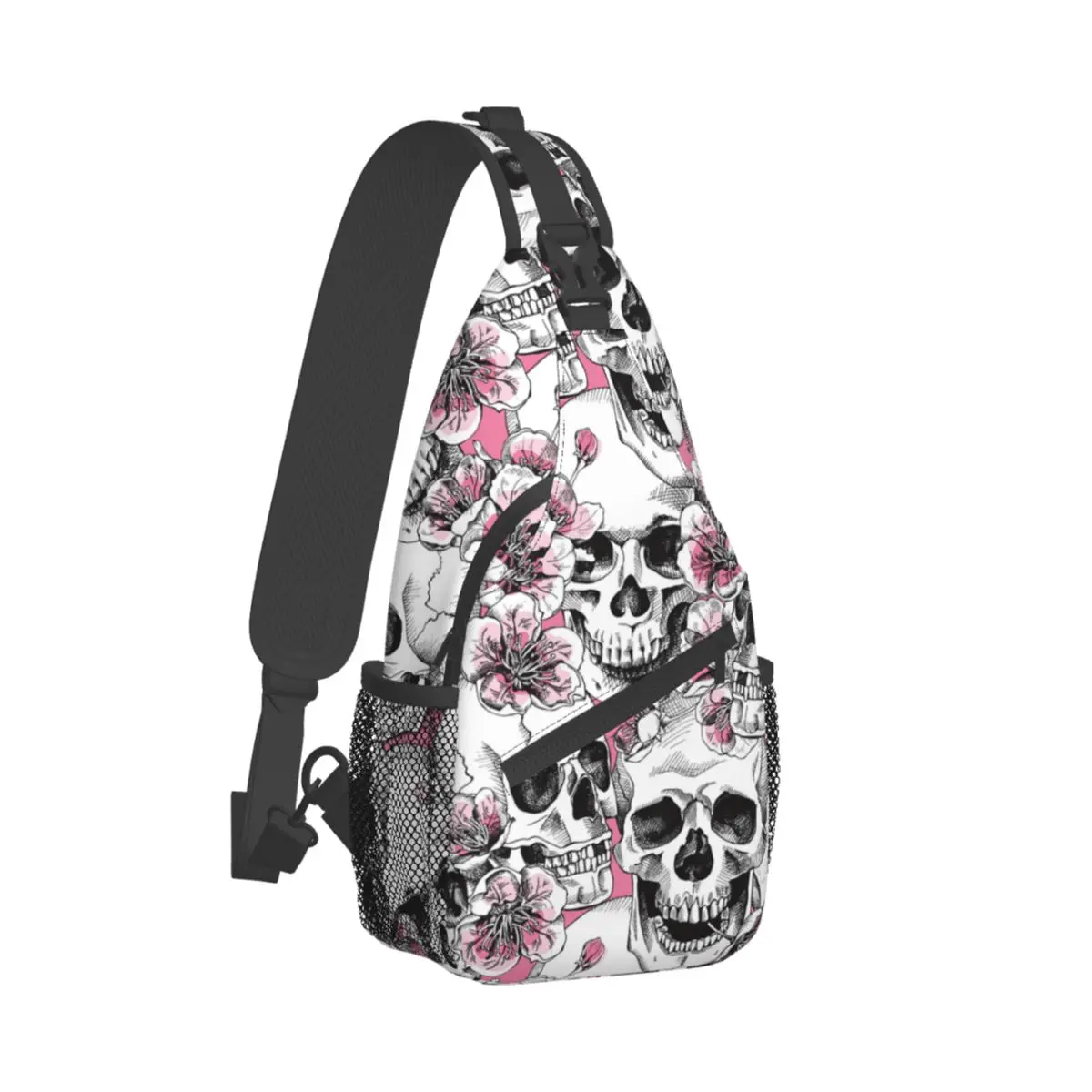 Floral Skull Sling Bag Chest Crossbody Shoulder Sling Backpack Outdoor Hiking Daypacks Pink Cherry Printed Bookbag