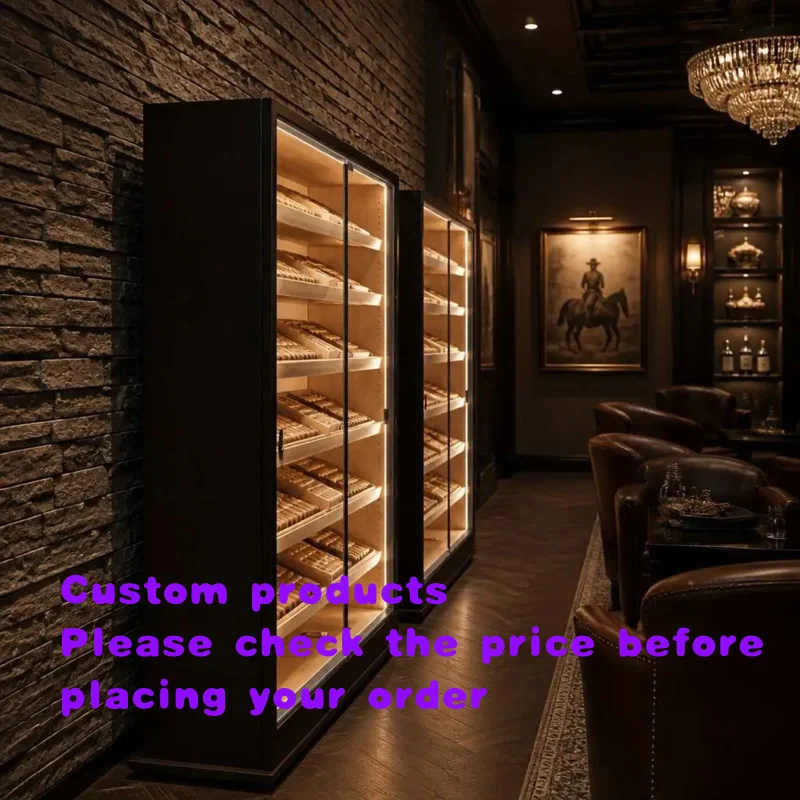 custom.Luxury Commercial Cigar Display Humidor Cabinet With LED Lighting Solid Wood Cigar Storage Showcase Cigar Bar