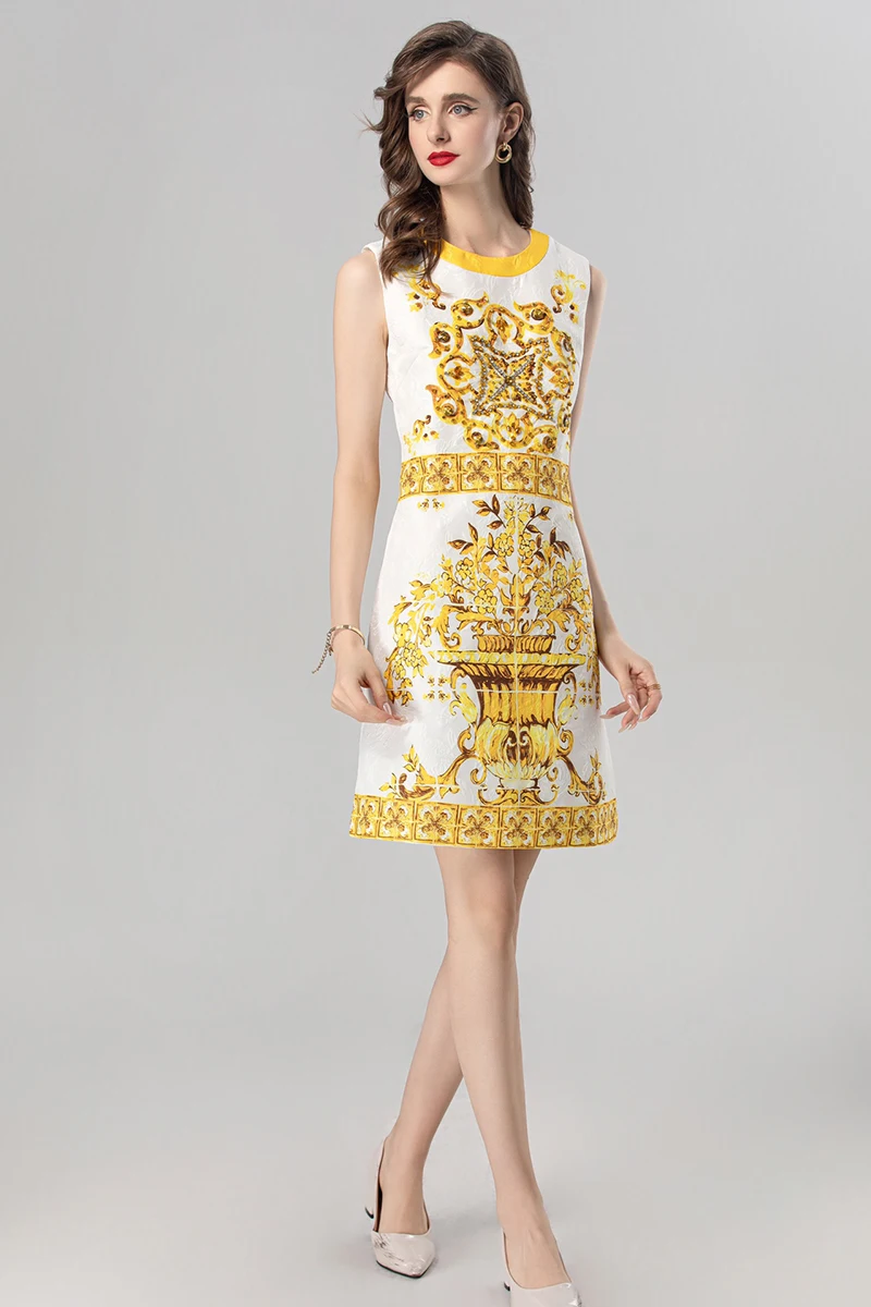 MIUXIMAO 2025 Mode Luxe Jacquard blauw en wit porselein Zomerjurken Diamanten Jurk A-LIJN Mini Jurk Vrouwen Vestides