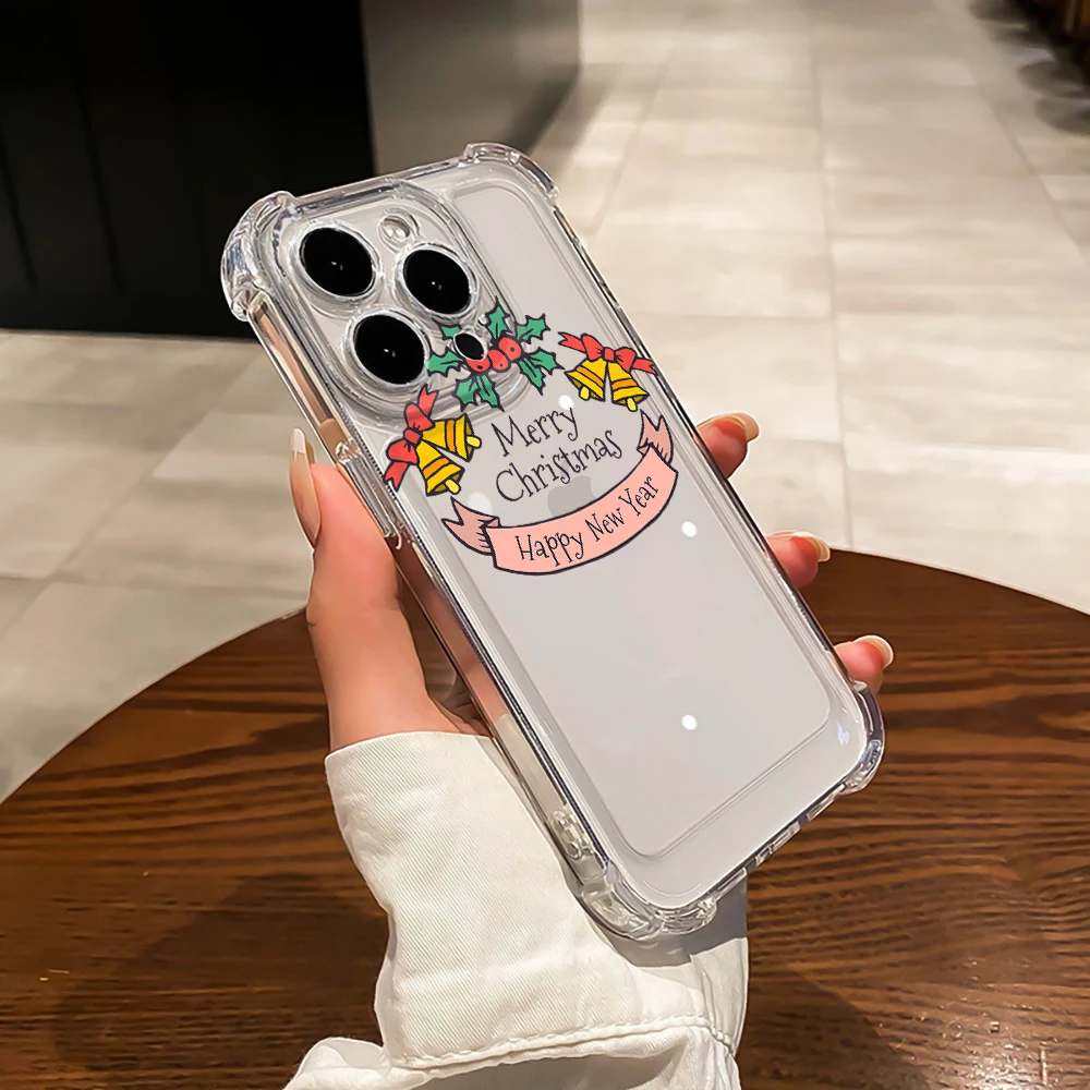 Merry Christmas Phone Case for iPhone 15 14 13 ProMax XR XS Max 7 8 Plus SE 12 11 Luxury Shockproof Hard Back Transparent Fundas