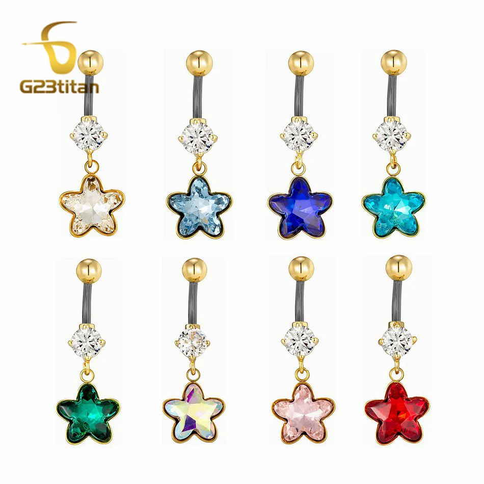 Crystal Star Hanging Belly Piercing Jewelry 14G Surgery Titanium Curved Barbell Golden Navel Rings Women Sexy Body Accessories