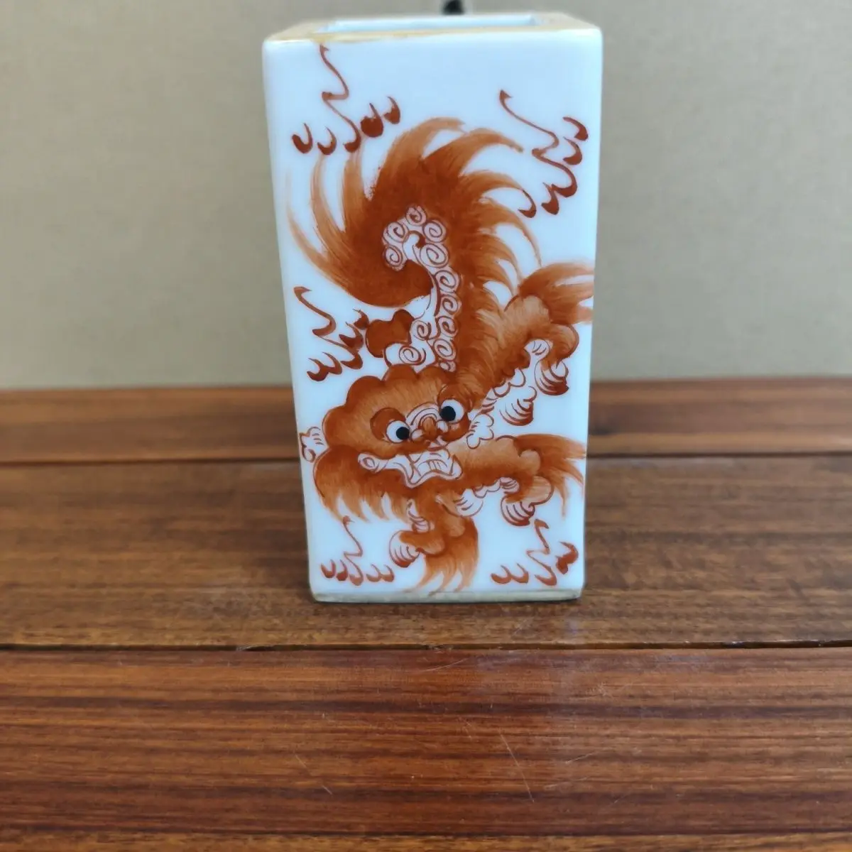 Antique Style Old Collection Hand Painted Pink Taishi Shaobao Red Glaze Square Brush Pot For Study Decor