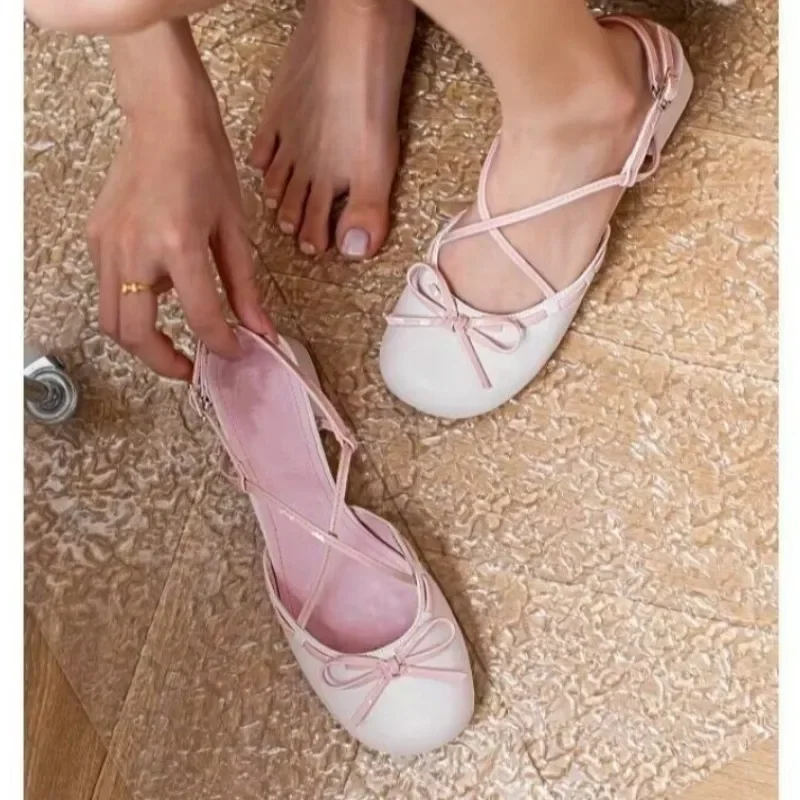 Summer Round Toe Cross With Bow Decoration Fashion Women\'s Shoes New Shallow Mouth Breathable Elegant Comfortable High Heels